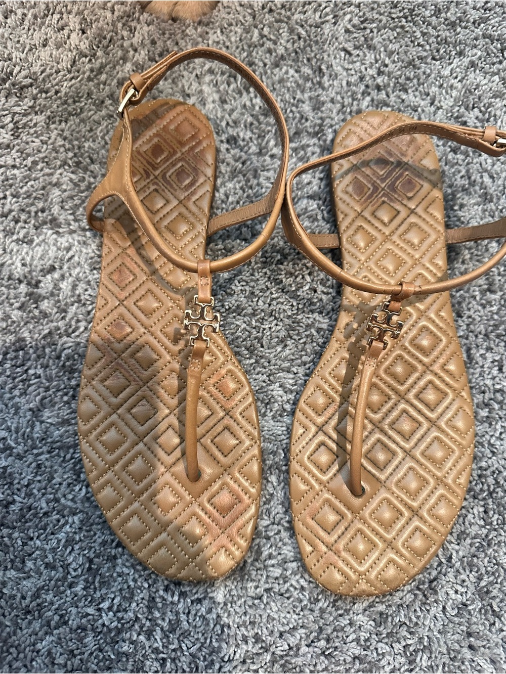 Tory Burch Quilted Tan T-Strap Logo Sandals